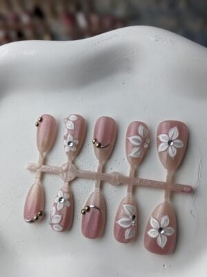 Rose Shimmer White Floral Rhinestone 3D Press-On Nails