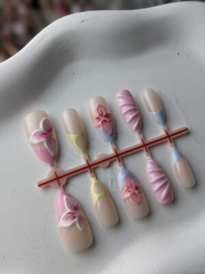 Pastel Pink Blue 3D Floral Press-On Nails