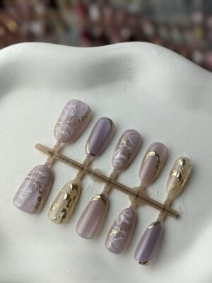 1000057983 Lavender Gold Floral Printed Press-On Nails