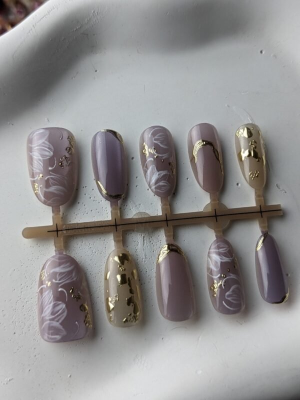 1000057985 Lavender Gold Floral Printed Press-On Nails