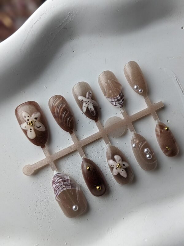 Brown Floral Pearl 3D Press-On Nails