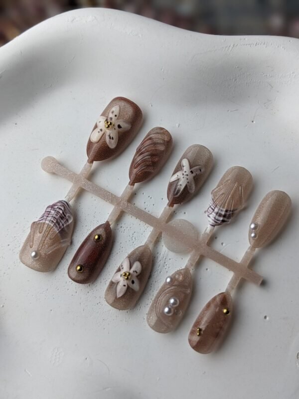 Brown Floral Pearl 3D Press-On Nails