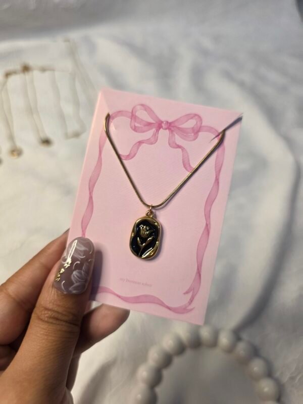black-rose-oval-stainless-steel-pendant-necklace Black Rose Oval Stainless Steel Pendant Necklace for Women
