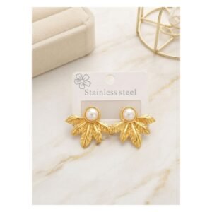 Pearl Stainless Steel Leaf Fan Earrings