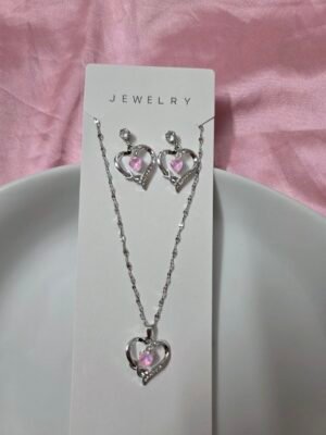 Premium Silver-Tone Pink Heart Locket & Earrings Set
