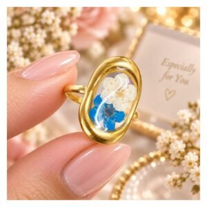 Pressed Flower Resin Ring - Blue & White Oval