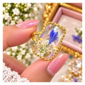 pressed-flower-ring-blue-white-rectangle Pressed Flower Resin Ring - Blue & White Rectangle