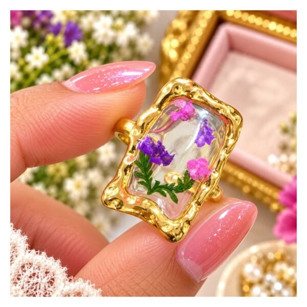 Pressed Flower Resin Ring - Pink & Purple Rectangle