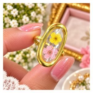 Pressed Flower Resin Ring - Yellow & Pink Oval