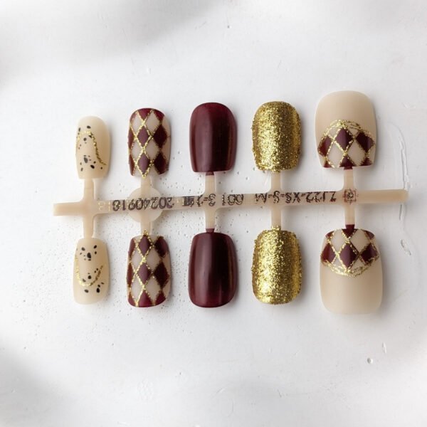 Royal Burgundy and Gold Diamond Glitter Press-On Nails