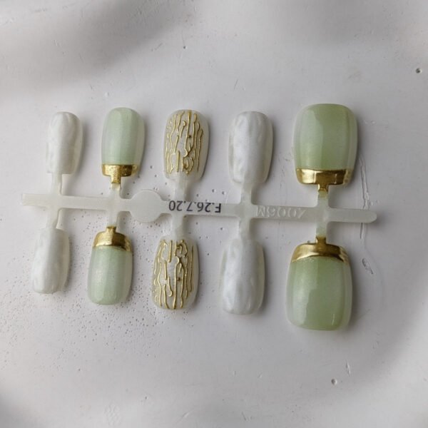 SH-NL-015 Sage Green and Pearl White Gold 3D Press-On Nails