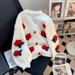SHY-CARD-FLOWER-003-01 Flower Knitted Cardigan for Women – Red 3D Rose