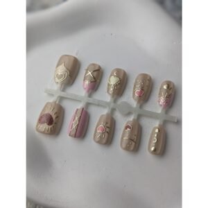 SHY-NAIL-006 Nude Pink Gold Heart Short Press On Nails