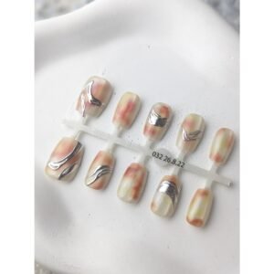 SHY-NAIL-011 Peach Aura Silver Chrome 3D Short Press On Nails