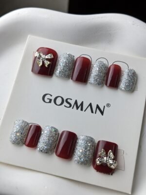 gosman-12-pieces-burgundy-silver-glitter-bow-3d-press-on-nails-01 GOSMAN 12 Pieces Burgundy Silver Glitter Bow 3D Press-On Nails