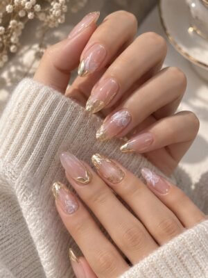 Nude Gold Floral Almond Press-On Nails