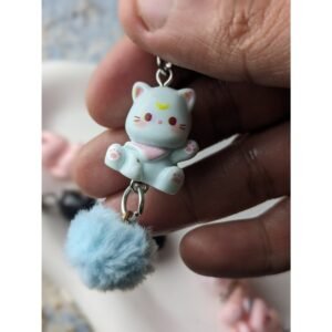Kawaii Cat Pom Pom Keychain & Bag Charm - Blue