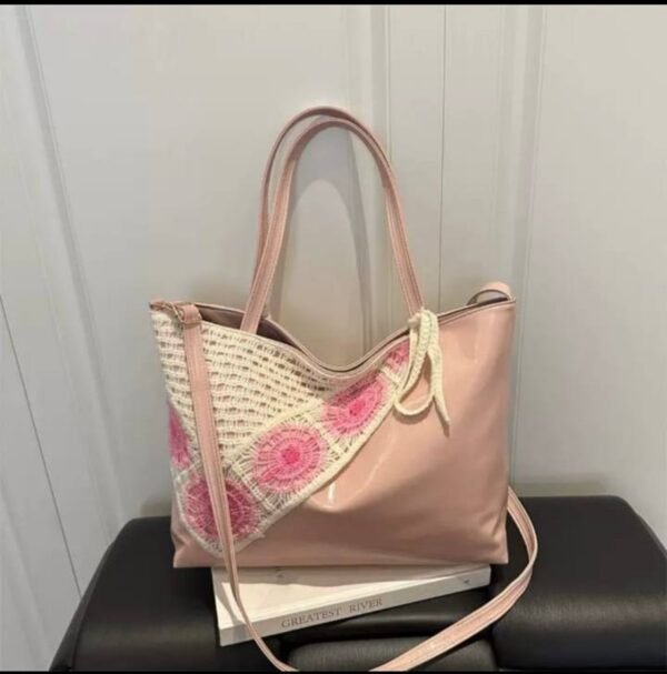 shy-floral-retro-tote-01-pink New Floral Retro PU Leather Tote Bag – Crochet Flower Detail