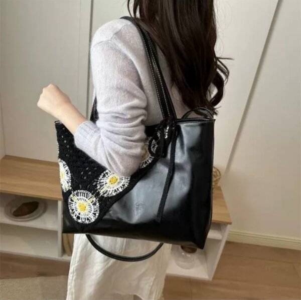 shy-floral-retro-tote-02-black-on-model New Floral Retro PU Leather Tote Bag – Crochet Flower Detail