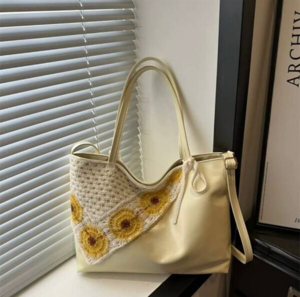 shy-floral-retro-tote-03-yellow New Floral Retro PU Leather Tote Bag – Crochet Flower Detail
