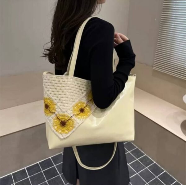 shy-floral-retro-tote-07-yellow-on-model New Floral Retro PU Leather Tote Bag – Crochet Flower Detail