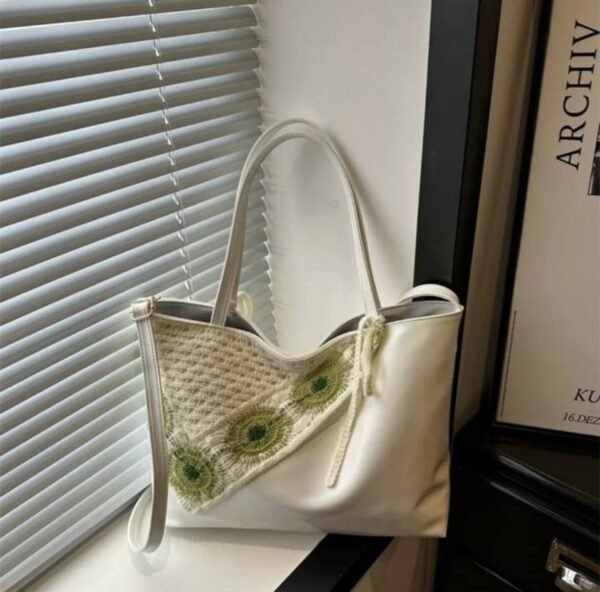 shy-floral-retro-tote-08-green New Floral Retro PU Leather Tote Bag – Crochet Flower Detail
