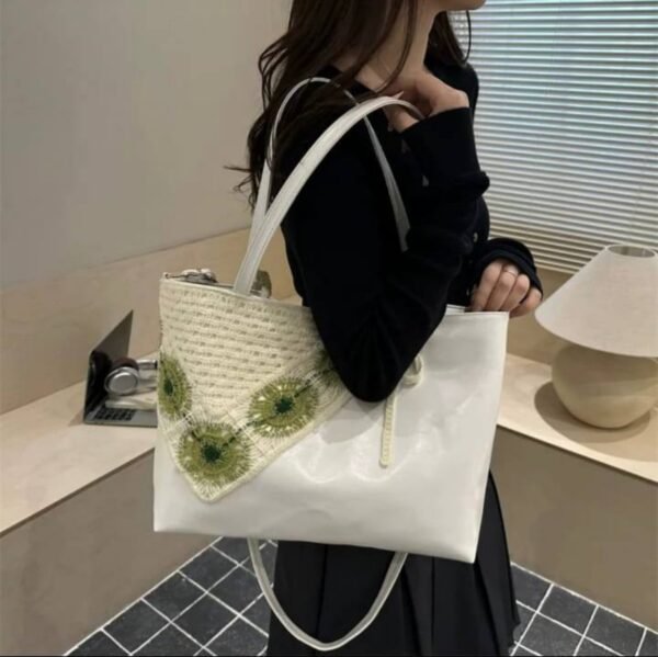 shy-floral-retro-tote-09-green-on-model New Floral Retro PU Leather Tote Bag – Crochet Flower Detail