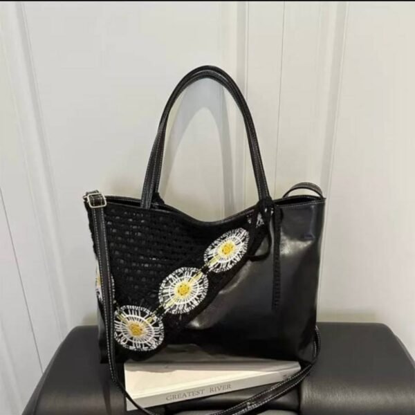 shy-floral-retro-tote-10-black New Floral Retro PU Leather Tote Bag – Crochet Flower Detail