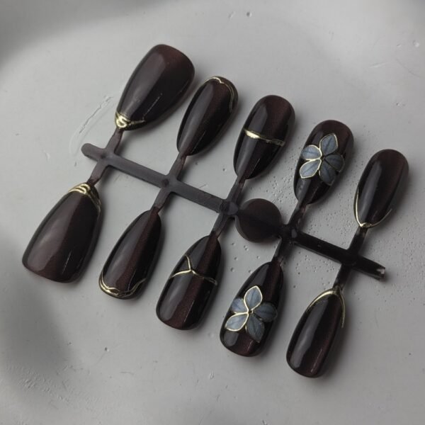 shy-nails-batch-03 Chocolate Brown Blue Flower Gold Accent Press-On Nails