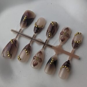 shy-nails-batch-05 Mocha Brown Floral Gold Bead Press-On Nails