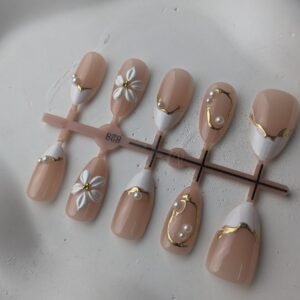 shy-nails-batch-08 Nude Champagne Gold Floral Pearl Press-On Nails