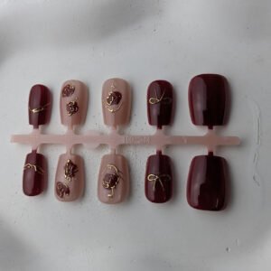 Burgundy Vintage Rose Gold Bow 3D Press-On Nails - XS
